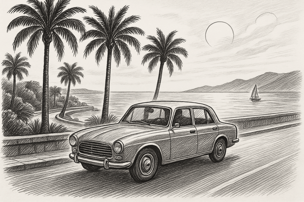 Car cruising by the sea, pencil drawing.
