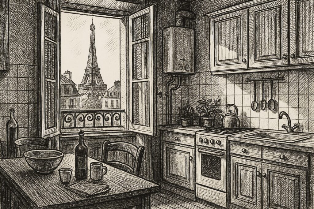 Black-and-white vintage ink illustration of a Paris apartment kitchen with open windows showing the Eiffel Tower in the background.