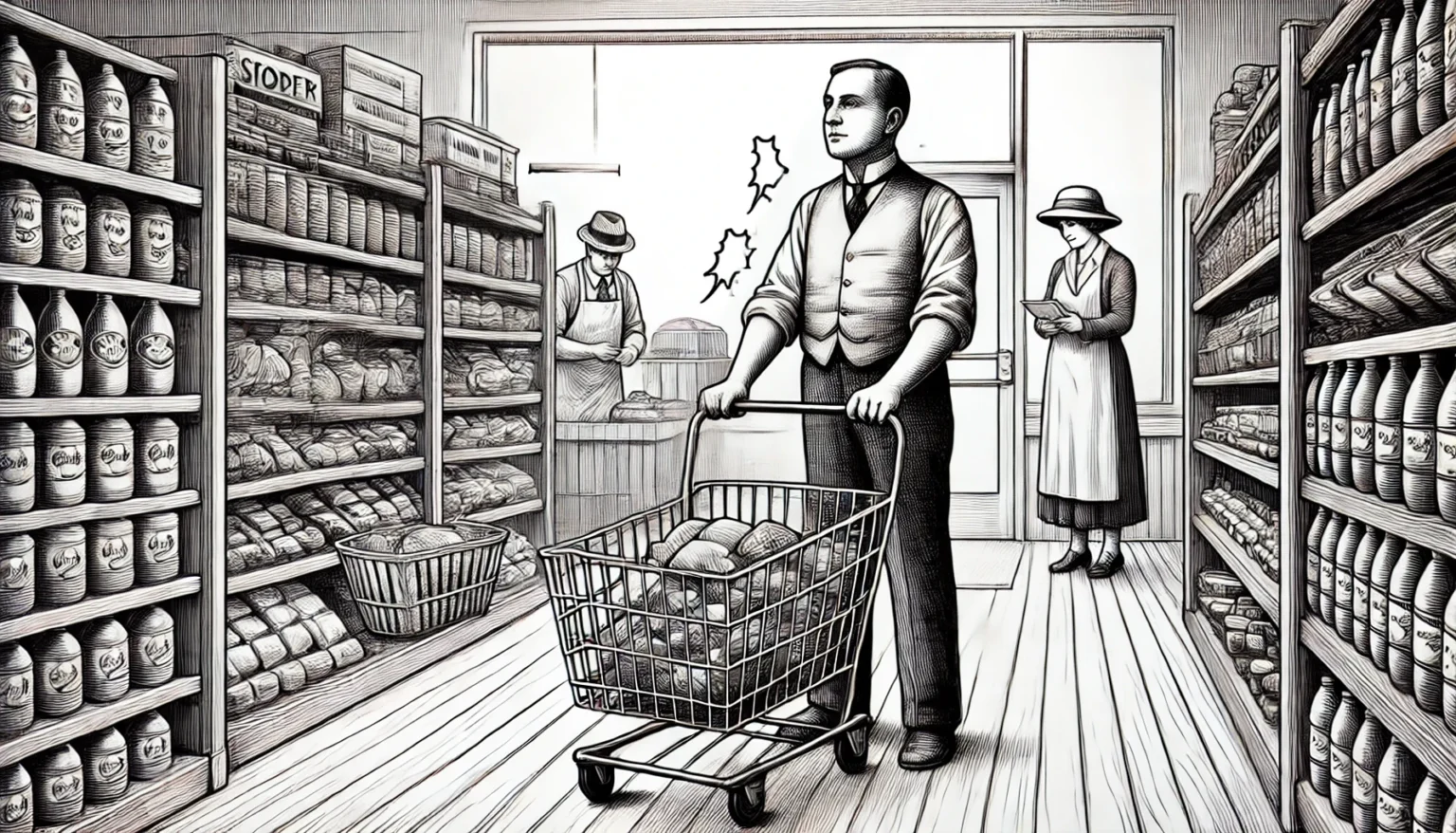 A black and white sketch or line art illustration depicting Sylvan Goldman in 1934 observing customers in his grocery store, noticing that they stop b