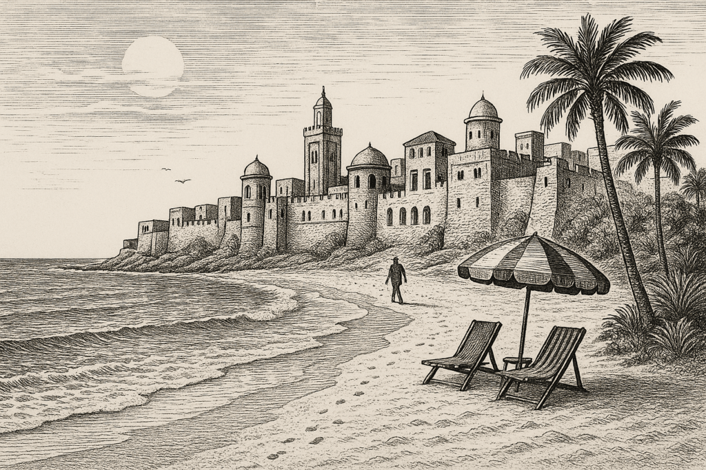 Black-and-white vintage ink illustration of a Moroccan beach with traditional domed architecture, palm trees, and a person walking along the shoreline.