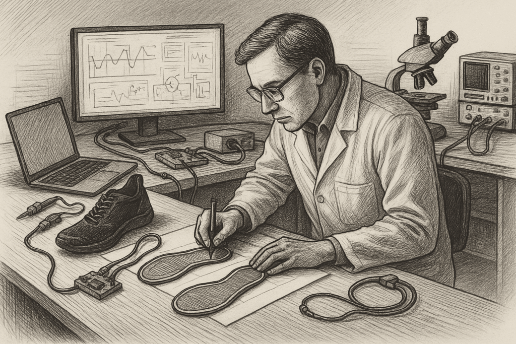 Black-and-white ink illustration of a man in a lab coat designing electric shoe soles at his workstation, surrounded by lab tools and computer equipment.