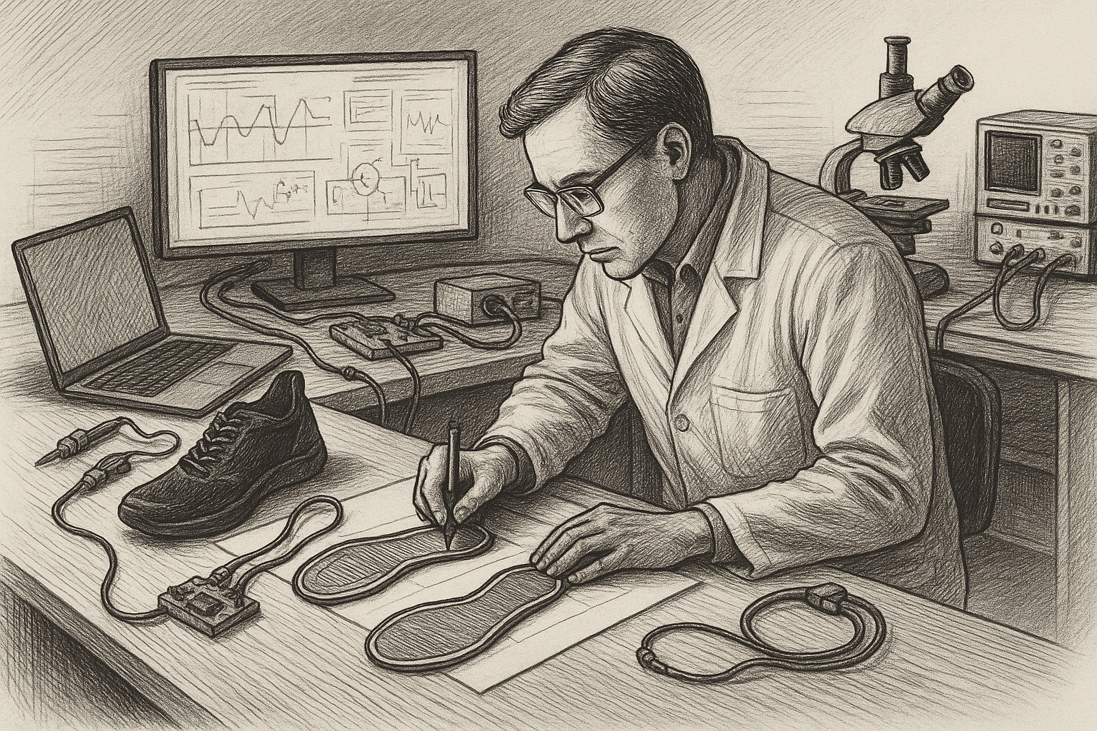 Black-and-white ink illustration of a man in a lab coat designing electric shoe soles at his workstation, surrounded by lab tools and computer equipment.