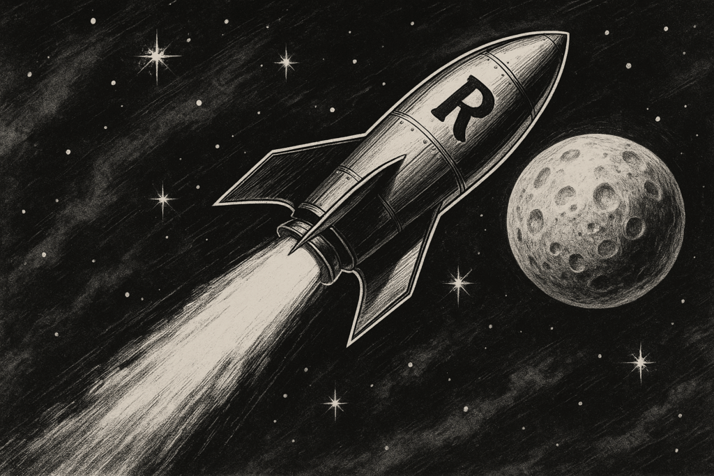 Vintage black and white illustration of a rocket with the letter R launching through space toward the moon.