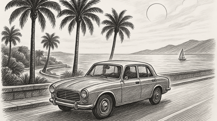 Car cruising by the sea, pencil drawing.