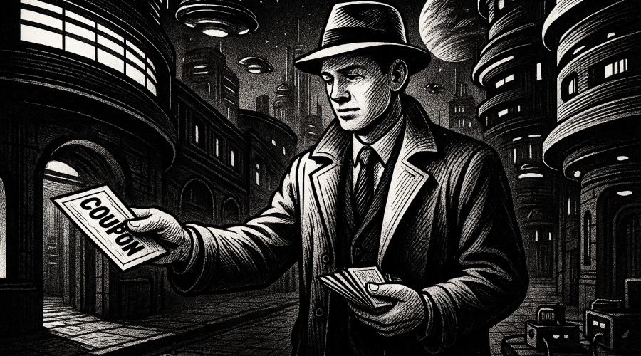 Black-and-white retro-futuristic illustration of a man in a trench coat handing out coupons in a neon-lit alley with futuristic buildings and flying vehicles in the background.