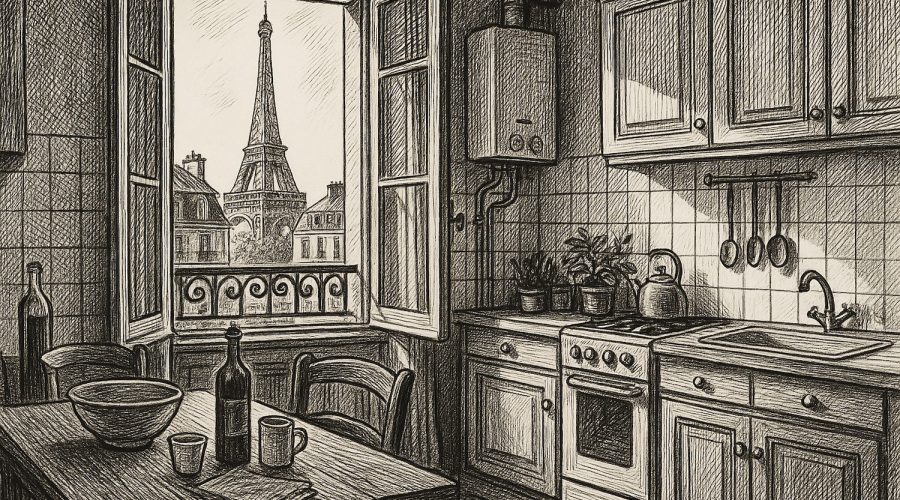 Black-and-white vintage ink illustration of a Paris apartment kitchen with open windows showing the Eiffel Tower in the background.