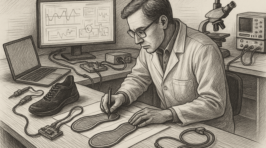 Black-and-white ink illustration of a man in a lab coat designing electric shoe soles at his workstation, surrounded by lab tools and computer equipment.