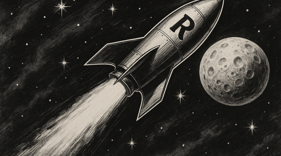 Vintage black and white illustration of a rocket with the letter R launching through space toward the moon.